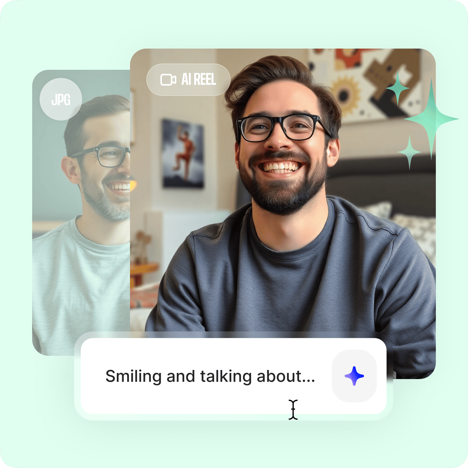 Generated AI portrait of a smiling bearded man wearing glasses with prompt 'Smiling and talking about...'