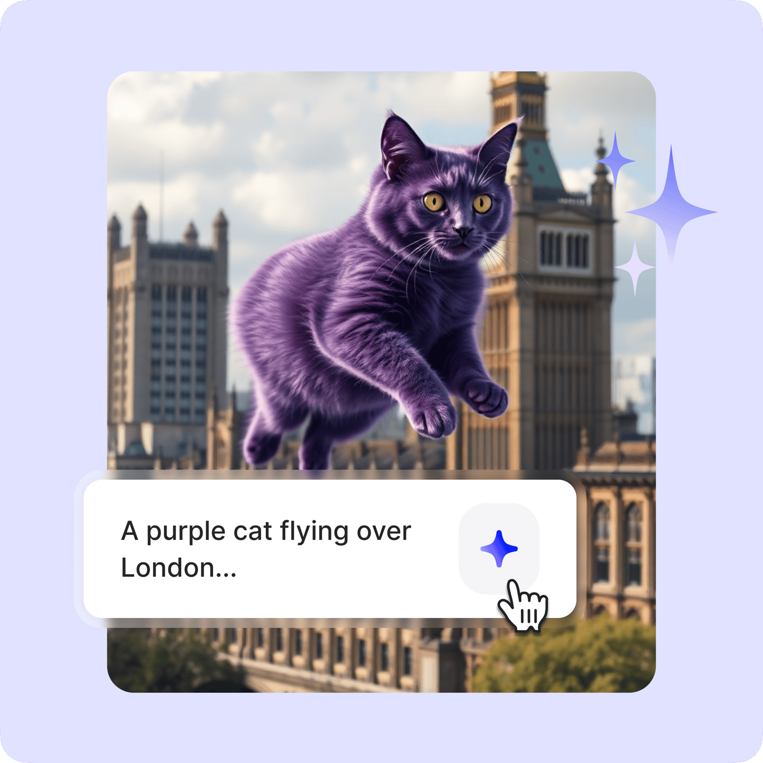 Generated AI image showing a giant purple cat flying over London with Big Ben and Parliament buildings visible, with prompt 'A purple cat flying over London...'